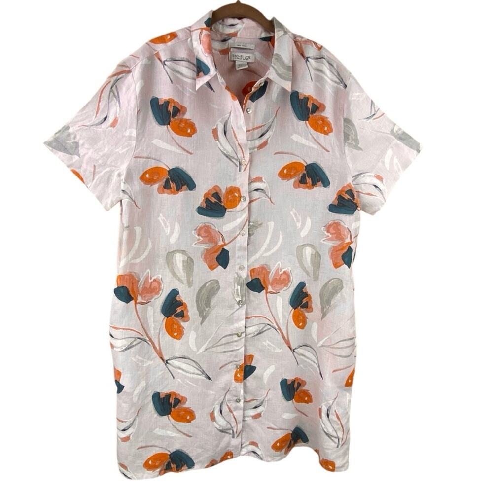 Rachel Zoe 100% Linen Floral Shirt Dress Size XL Pink Beach Coastal